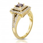 Gold 1ct TDW Cognac Double Halo Diamond Ring - Handcrafted By Name My Rings™