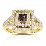 Gold 1ct TDW Cognac Double Halo Diamond Ring - Handcrafted By Name My Rings™