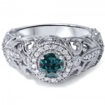 Engagement White Gold 3/4ct TDW Blue and White Diamond Vintage Halo Ring - Handcrafted By Name My Rings™