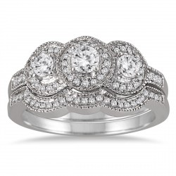 White Gold 3/4ct TDW Three-stone Antique Diamond Bridal Ring Set - Handcrafted By Name My Rings™