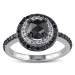 White Gold 1 1/2ct TDW Rose-cut Black and White Diamond Double Halo Ring - Handcrafted By Name My Rings™