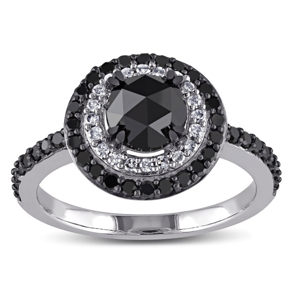 White Gold 1 1/2ct TDW Rose-cut Black and White Diamond Double Halo Ring - Handcrafted By Name My Rings™