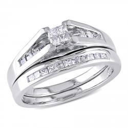 White Gold 1/2 CT TW Princess-cut Quad Diamond Engagement Wedding Bridal Set Ring - Handcrafted By Name My Rings™