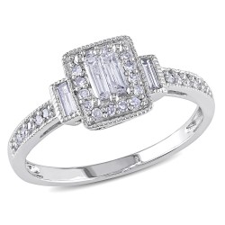 White Gold 1/3ct TDW Baguette and Round-Cut Diamond Halo Engagement Ring - Handcrafted By Name My Rings™