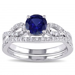 White Gold Created Blue Sapphire and 1/6ct TDW Diamond Bridal Ring Set - Handcrafted By Name My Rings™