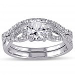 White Gold Created White Sapphire and 1/6ct TDW Diamond Bridal Ring Set - Handcrafted By Name My Rings™