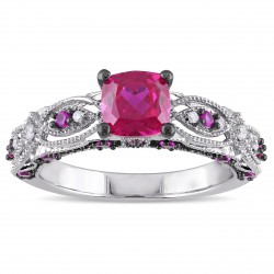 White Gold Cushion-cut Created Ruby and Diamond Accent Vintage Engagement Ring - Handcrafted By Name My Rings™