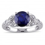 White Gold Sapphire and 1/6ct TDW Diamond Vintage Floral Engagement Ring - Handcrafted By Name My Rings™