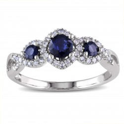 White Gold Sapphire and 1/8ct TDW Diamond 3-stone Engagement Ring - Handcrafted By Name My Rings™