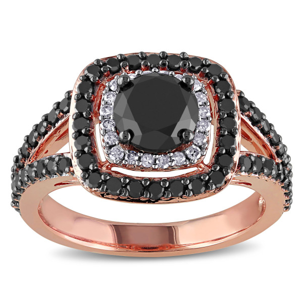 Rose Gold 2ct TDW Black and White Diamond Double Halo Ring - Handcrafted By Name My Rings™