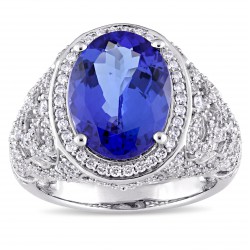 Signature White Gold Oval-Cut Tanzanite-CN and 7/8ct TDW Round-Cut Halo Cluster Ring - Handcrafted By Name My Rings™