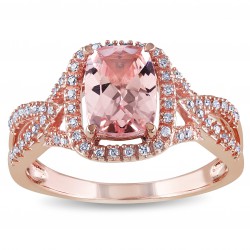 Signature Collection Rose Gold Cushion-Cut Morganite and 1/6ct TDW Diamond Crossover Engagement Ring - Handcrafted By Name My Rings™