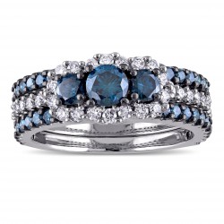 Signature Collection White Gold 2ct TDW Blue and White Diamond 3-stone Bridal Ring Set - Handcrafted By Name My Rings™