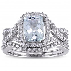 Signature Collection White Gold Aquamarine 1/4ct TDW Diamond Bridal Set - Handcrafted By Name My Rings™