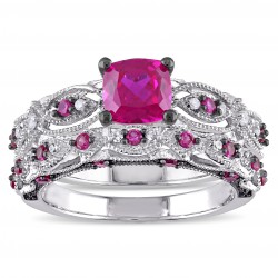 Signature Collection White Gold Created Ruby and 1/10ct TDW Diamond Bridal Ring Set - Handcrafted By Name My Rings™
