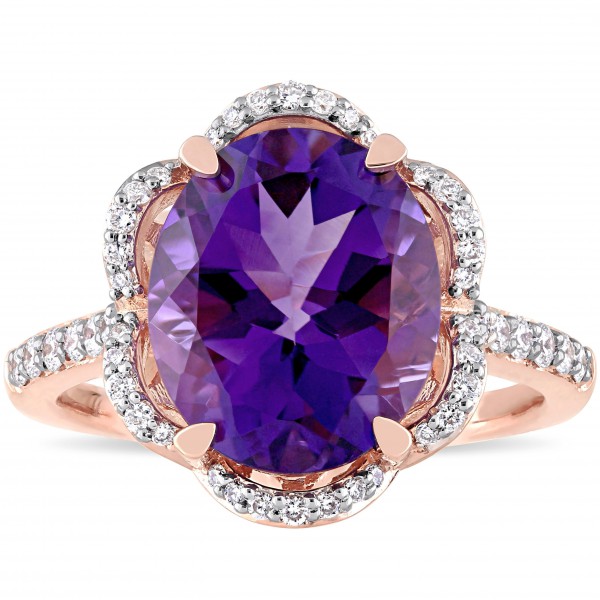 Signature Collection Rose Gold Oval-Cut African-Amethyst and 1/2ct TDW Diamond Floral Halo Engagement Ring - Handcrafted By Name My Rings™