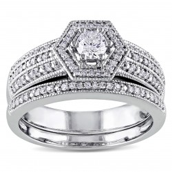 Signature Collection White Gold 1/2ct TDW Diamond Vintage Halo Hexagon Bridal Ring Set - Handcrafted By Name My Rings™