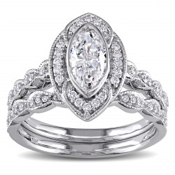 Signature Collection White Gold 1ct TDW Marquise Diamond Halo Bridal Ring Set - Handcrafted By Name My Rings™