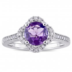 Signature Collection White Gold Amethyst and 1/4ct TDW Diamond Quatrefoil Halo Ring - Handcrafted By Name My Rings™