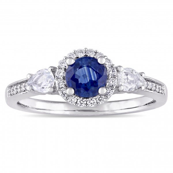 Signature Collection White Gold Blue and White Sapphire with 1/8ct TDW Diamond Halo Engagement Ring - Handcrafted By Name My Rings™