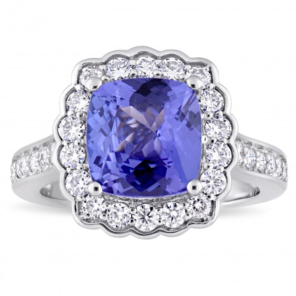 Signature Collection White Gold Cushion-Cut Tanzanite and 1ct TDW Diamond Square Floral Halo Engagement Ring - Handcrafted By Name My Rings™
