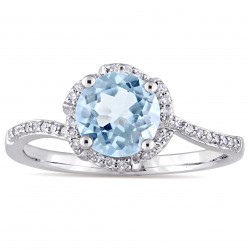 Signature Collection White Gold Sky-Blue Topaz 1/10ct TDW Diamond Flower Halo Engagement Ring - Handcrafted By Name My Rings™