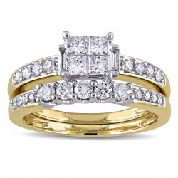 Signature Collection Gold 1ct TDW Princess-cut, Round and Parallel Baguette Diamond Bridal Set - Handcrafted By Name My Rings™