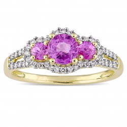 Signature Collection Gold Pink Sapphire and 1/4ct TDW Diamond 3-Stone Split Shank Engagement Ring - Handcrafted By Name My Rings™