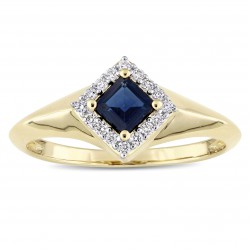 Signature Collection Gold Square Blue Sapphire 1/10ct TDW Diamond Halo Engagement Ring - Handcrafted By Name My Rings™