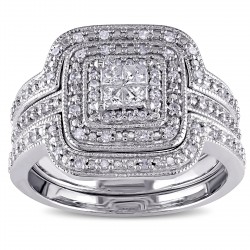 Sterling Silver 3/8ct TDW Diamond Princess-cut Halo 3-piece Bridal Ring Set - Handcrafted By Name My Rings™