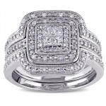 Sterling Silver 3/8ct TDW Diamond Princess-cut Halo 3-piece Bridal Ring Set - Handcrafted By Name My Rings™