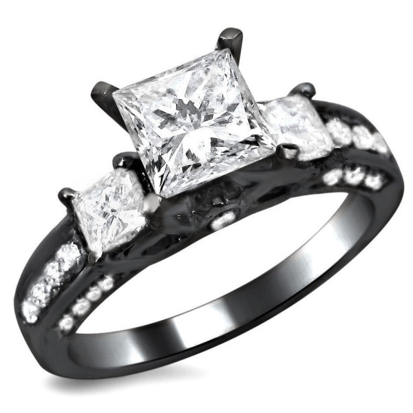 Black Gold 1 1/2ct TDW 3-stone Enhanced Princess Cut Diamond Engagement Ring - Handcrafted By Name My Rings™