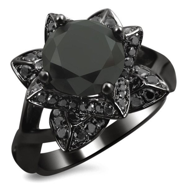 Black Gold 2 1/3ct TDW Black Diamond Lotus Engagement Ring<li>black rhodium-plated gold jewelry - Handcrafted By Name My Rings™