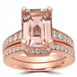 Rose Gold Emerald-cut Morganite Diamond Engagement Ring Bridal Set - Handcrafted By Name My Rings™