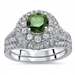 White Gold 1 3/4ct TDW Green Round Diamond Double Halo Engagement Ring Bridal Set - Handcrafted By Name My Rings™
