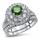 White Gold 1 3/4ct TDW Green Round Diamond Double Halo Engagement Ring Bridal Set - Handcrafted By Name My Rings™