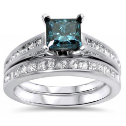 White Gold 1 3/5 TDW Blue Diamond Engagement Ring Set - Handcrafted By Name My Rings™