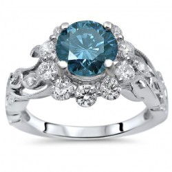 White Gold 1 3/5 ct TDW Blue Round Diamond Flower Floral Engagement Ring - Handcrafted By Name My Rings™