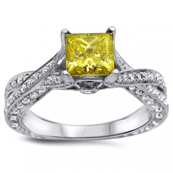 White Gold 1 3/5ct TDW Canary Yellow Princess Cut Diamond Engagement Ring - Handcrafted By Name My Rings™