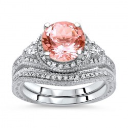 White Gold 1 3/5ct TGW Round-cut Morganite Diamond Engagement Ring Bridal Set - Handcrafted By Name My Rings™