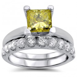 White Gold 1 4/5ct TDW Canary Yellow Princess-cut Diamond Bridal Set - Handcrafted By Name My Rings™