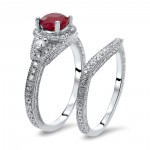 White Gold 1ct TGW Ruby and 2/5ct TDW Diamond Bridal Ring Set - Handcrafted By Name My Rings™
