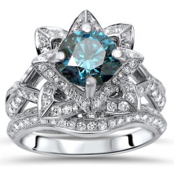 White Gold 2 1/5ct TDW Blue Round Diamond Lotus 2-piece Bridal Set - Handcrafted By Name My Rings™