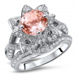 White Gold 2 3/4ct TGW Round-cut Morganite Diamond Lotus Flower Engagement Ring Bridal Set - Handcrafted By Name My Rings™
