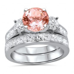 White Gold 3 3/5ct TGW Round-cut Morganite Diamond Engagement Ring Bridal Set - Handcrafted By Name My Rings™