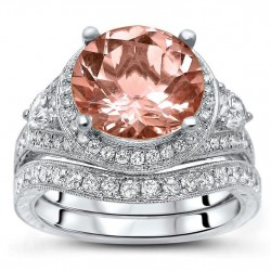 White Gold 4ct TGW Morganite and 1ct TDW Diamond 3-stone Bridal Set - Handcrafted By Name My Rings™