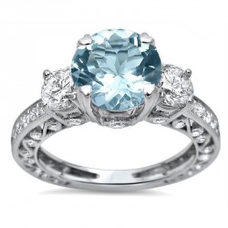 White Gold 2 1/2ct TGW Round-cut Aquamarine Diamond Engagement Ring 3 Stone - Handcrafted By Name My Rings™