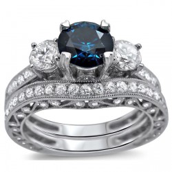 White Gold 2 1/4 ct Blue and White Round Diamond Engagement Ring Bridal Set - Handcrafted By Name My Rings™