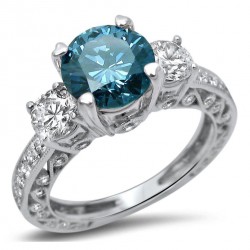 White Gold 2ct Diamond Blue 3-Stone Round Engagement Ring - Handcrafted By Name My Rings™