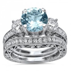White Gold 3 ct TGW Round-cut Aquamarine Diamond Engagement Ring Bridal Set 3 Stone - Handcrafted By Name My Rings™